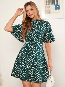 Amorya Dalmatian Print Mock Neck Flutter Sleeve Dress - Multicolor - View 1