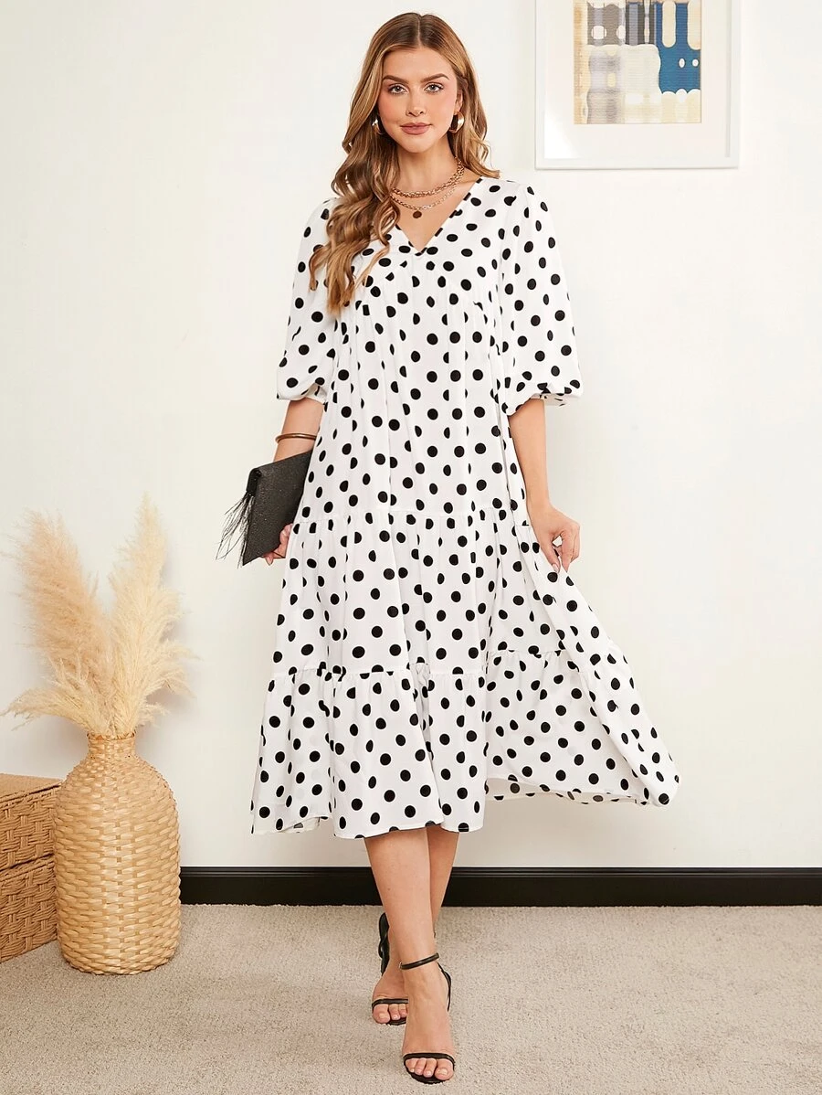 SHEIN Clasi Polka Dot Ruffle Hem Smock Dress - Black and White - View 1