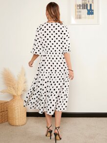 SHEIN Clasi Polka Dot Ruffle Hem Smock Dress - Black and White - View 2