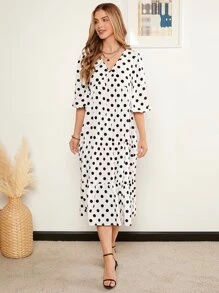 SHEIN Clasi Polka Dot Ruffle Hem Smock Dress - Black and White - View 6