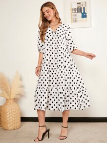 SHEIN Clasi Polka Dot Ruffle Hem Smock Dress - Black and White - View 3