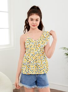 SHEIN Teen Girls Ditsy Floral Print Asymmetrical Neck Ruffle Trim Peplum Top - Multicolor - View 1