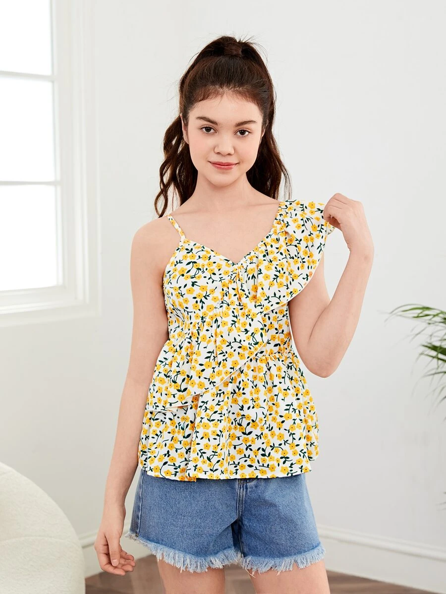 SHEIN Teen Girls Ditsy Floral Print Asymmetrical Neck Ruffle Trim Peplum Top - Multicolor - View 1