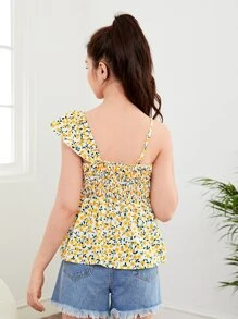 SHEIN Teen Girls Ditsy Floral Print Asymmetrical Neck Ruffle Trim Peplum Top - Multicolor - View 2