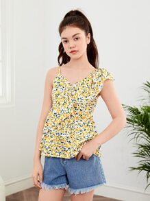 SHEIN Teen Girls Ditsy Floral Print Asymmetrical Neck Ruffle Trim Peplum Top - Multicolor - View 4