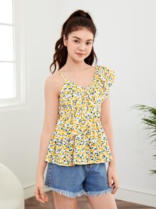 SHEIN Teen Girls Ditsy Floral Print Asymmetrical Neck Ruffle Trim Peplum Top - Multicolor - View 6