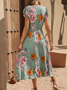 Breezaya Floral Print Surplice Neck Belted Dress - Green - View 2