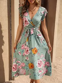Breezaya Floral Print Surplice Neck Belted Dress - Green - View 3