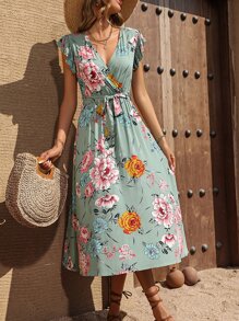 Breezaya Floral Print Surplice Neck Belted Dress - Green - View 6