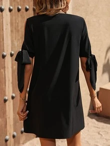 SHEIN VCAY Contrast Sequin Split Sleeve Knot Cuff Tunic Dress - Black - View 2