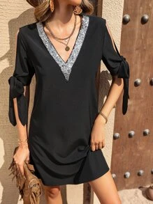 SHEIN VCAY Contrast Sequin Split Sleeve Knot Cuff Tunic Dress - Black - View 1