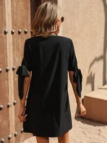 SHEIN VCAY Contrast Sequin Split Sleeve Knot Cuff Tunic Dress - Black - View 5