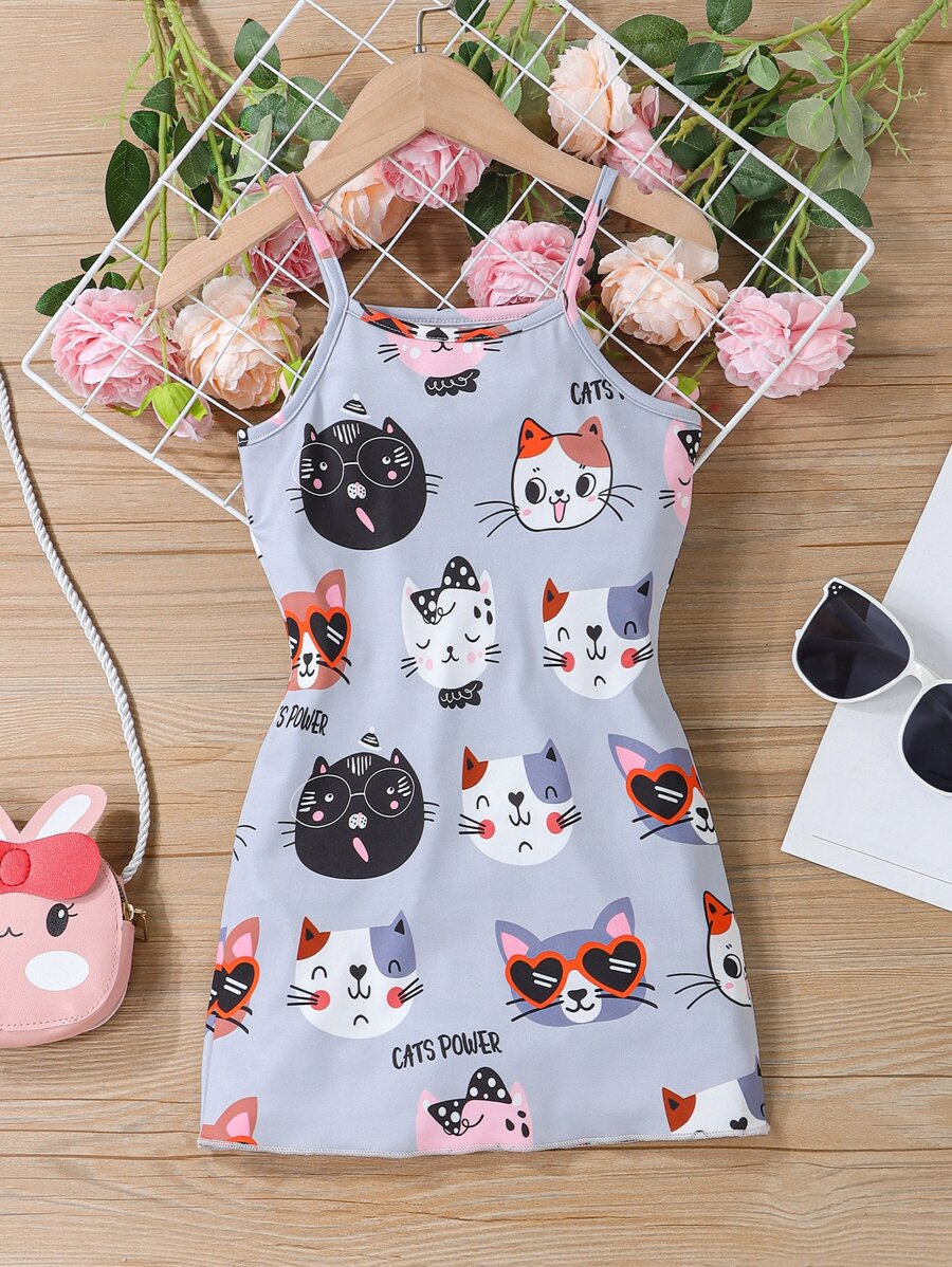 Kleinkind Mädchen Cami Kleid mit Cartoon Katze & Buchstabe Grafik - Graublau - Übersicht 1
