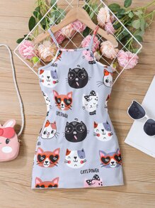 Kleinkind Mädchen Cami Kleid mit Cartoon Katze & Buchstabe Grafik - Graublau - Übersicht 2