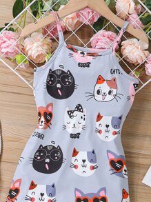 Kleinkind Mädchen Cami Kleid mit Cartoon Katze & Buchstabe Grafik - Graublau - Übersicht 3