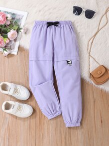 SHEIN 年輕女孩字母拼接細節蝴蝶結前裤 - 紫色 - 查看 1