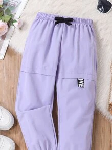 SHEIN 年輕女孩字母拼接細節蝴蝶結前裤 - 紫色 - 查看 3