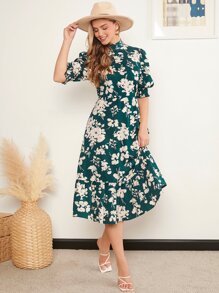 SHEIN Clasi Mock Neck Floral Print Ruffle Hem Dress - Multicolor - View 6