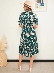 SHEIN Clasi Mock Neck Floral Print Ruffle Hem Dress - Multicolor - View 2