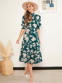 SHEIN Clasi Mock Neck Floral Print Ruffle Hem Dress - Multicolor - View 3