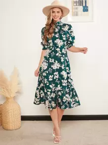 SHEIN Clasi Mock Neck Floral Print Ruffle Hem Dress - Multicolor - View 1