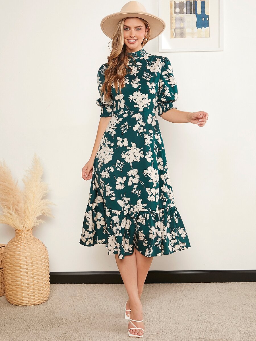 SHEIN Clasi Mock Neck Floral Print Ruffle Hem Dress - Multicolor - View 1