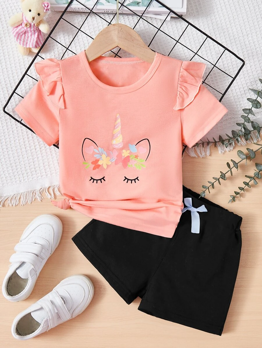 小女孩獨角獸印花荷葉邊t恤與蝴蝶結前短褲 - 彩色 - 查看 1