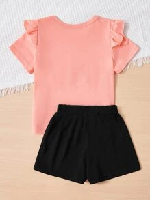 小女孩獨角獸印花荷葉邊t恤與蝴蝶結前短褲 - 彩色 - 查看 2