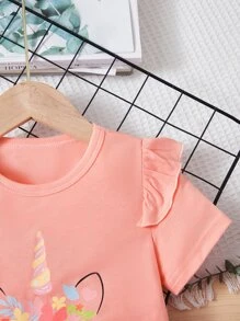 小女孩獨角獸印花荷葉邊t恤與蝴蝶結前短褲 - 彩色 - 查看 5