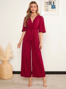 SHEIN Clasi Surplice Neck Tie Waist Wide Leg Jumpsuit - Burgundy - View 3
