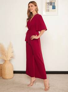 SHEIN Clasi Surplice Neck Tie Waist Wide Leg Jumpsuit - Burgundy - View 5