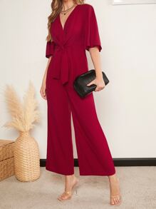 SHEIN Clasi Surplice Neck Tie Waist Wide Leg Jumpsuit - Burgundy - View 1