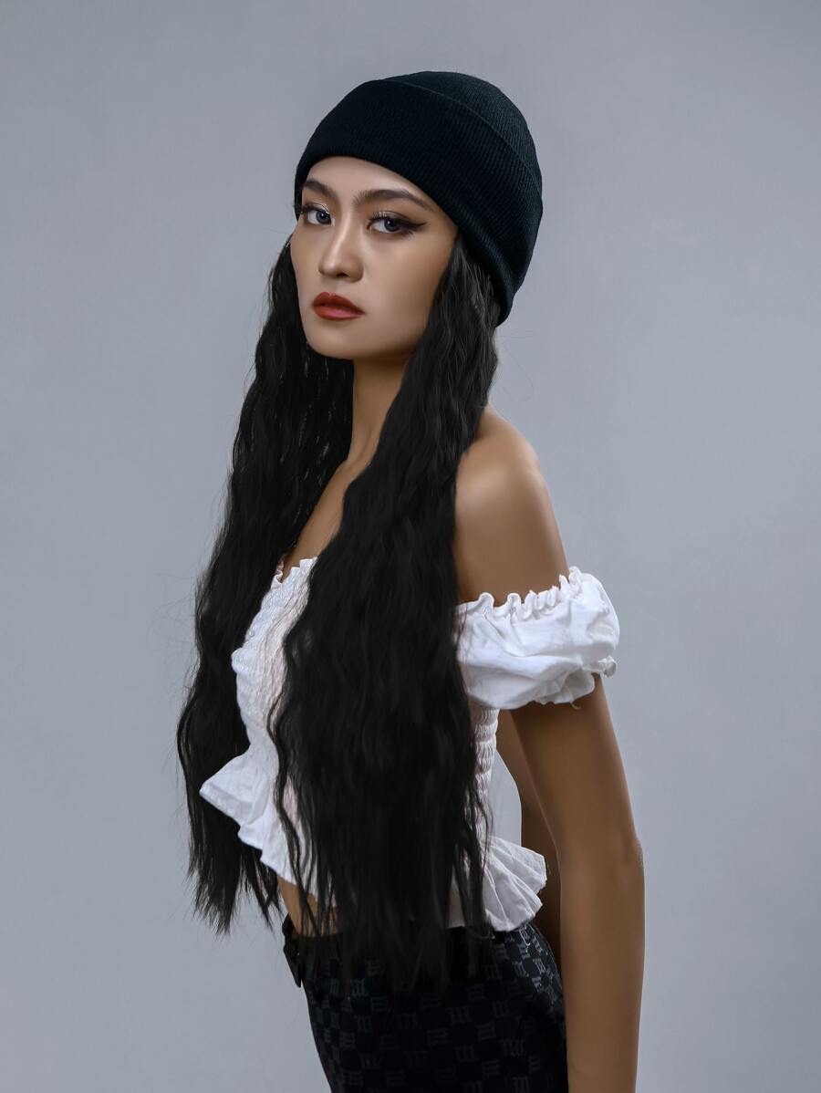 長款卷人造假髮附帽子 - 黑色 - 查看 1