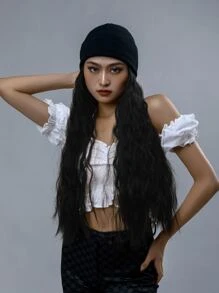 長款卷人造假髮附帽子 - 黑色 - 查看 4