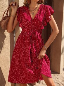 SHEIN Frenchy 波卡圓點蝴蝶袖繫腰帶連衣裙 - 紅色 - 查看 1