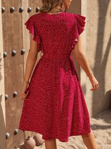 SHEIN Frenchy 波卡圓點蝴蝶袖繫腰帶連衣裙 - 紅色 - 查看 2