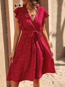 SHEIN Frenchy 波卡圓點蝴蝶袖繫腰帶連衣裙 - 紅色 - 查看 3