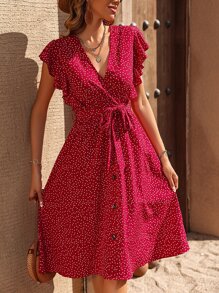 SHEIN Frenchy 波卡圓點蝴蝶袖繫腰帶連衣裙 - 紅色 - 查看 5