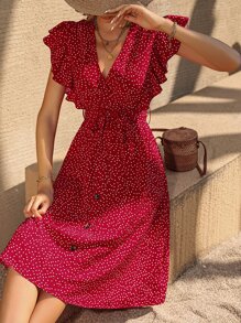 SHEIN Frenchy 波卡圓點蝴蝶袖繫腰帶連衣裙 - 紅色 - 查看 6
