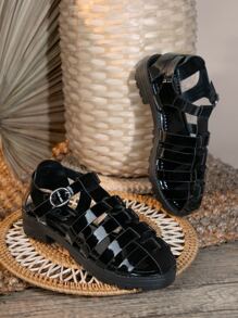 Women Buckle Detail Round Closed Toe Caged Gladiator Sandals, Fashionable Solid Minimalist Outdoor Back Zipper Sandals - Black - View 2