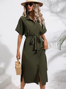 SHEIN LUNE 半排扣下擺開叉腰帶襯衫連衣裙 - 軍綠色 - 查看 1