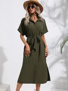 SHEIN LUNE 半排扣下擺開叉腰帶襯衫連衣裙 - 軍綠色 - 查看 4