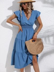 SHEIN VCAY 蝴蝶袖腰部打褶多層下擺連衣裙 - 藍色 - 查看 4