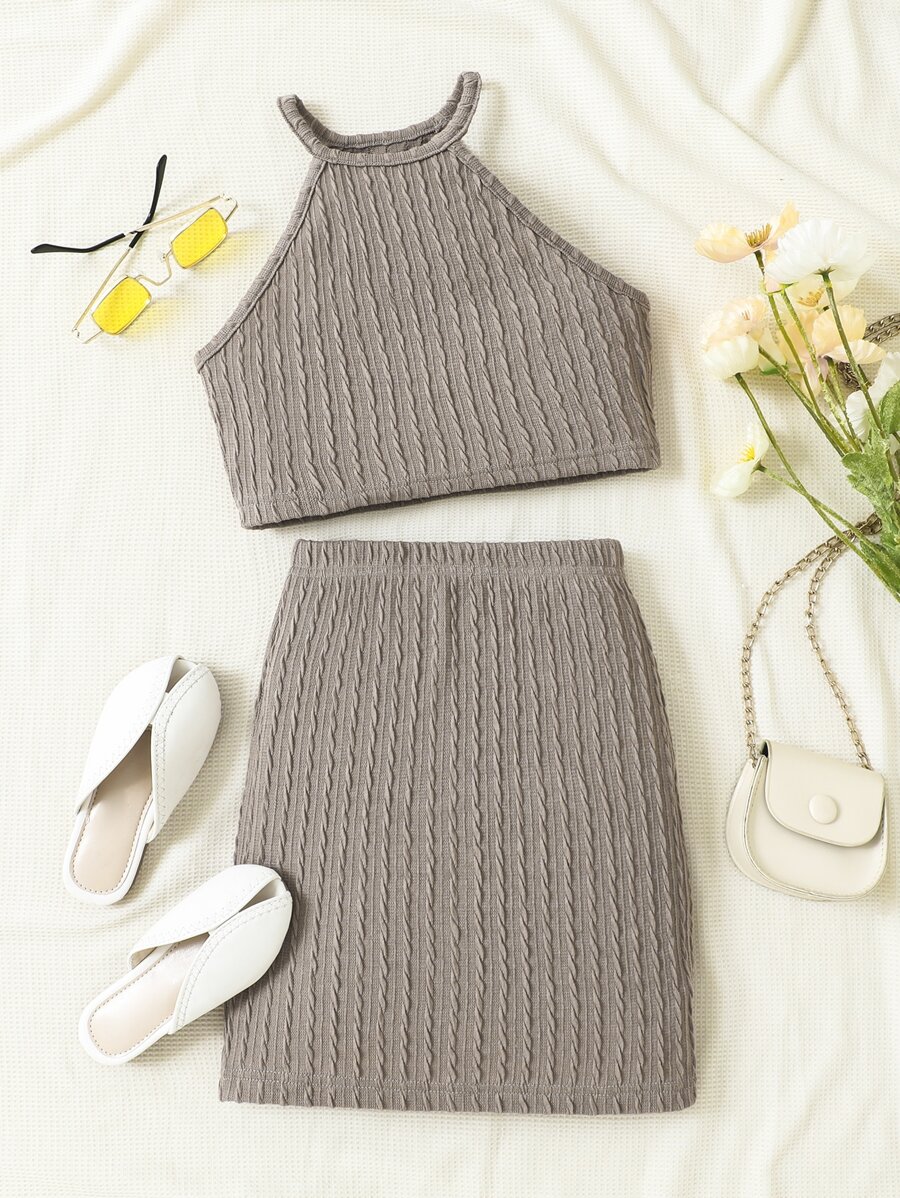 Girls Textured Halter Top & Skirt - Khaki - View 1