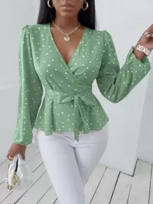 SOLERSUN Random Heart Print Surplice Neck Belted Blouse