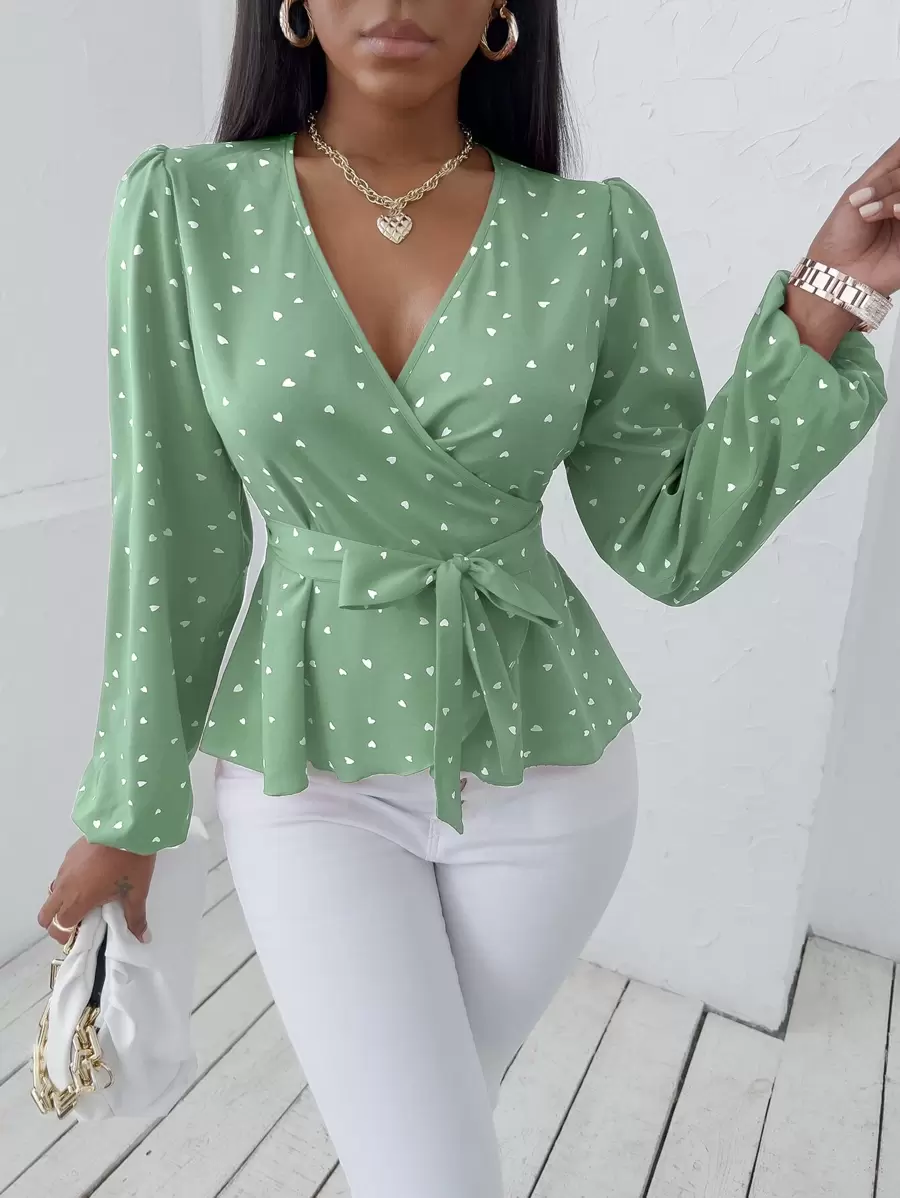 SOLERSUN Random Heart Print Surplice Neck Belted Blouse