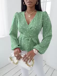 SOLERSUN Random Heart Print Surplice Neck Belted Blouse