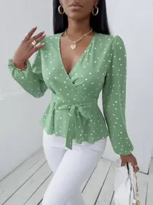 SOLERSUN Random Heart Print Surplice Neck Belted Blouse