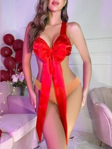 Bow Front Satin Halter Teddy Bodysuit - Red - View 5