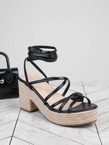 條帶露趾編織防水台高跟鞋 - 黑色 - 查看 2